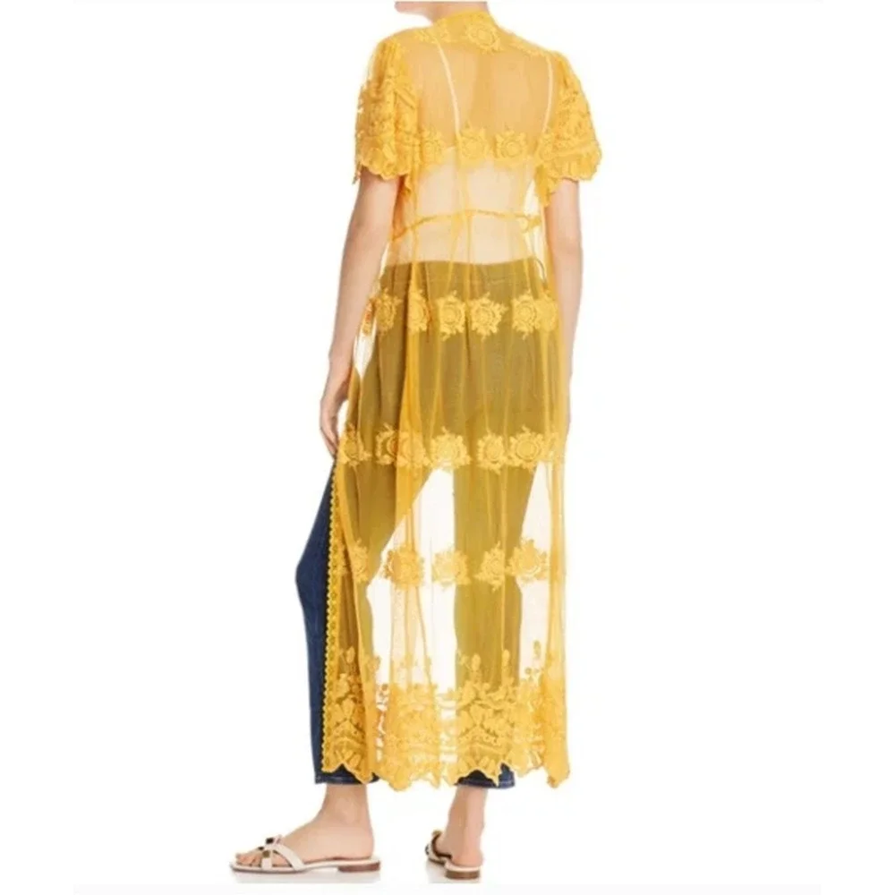 Aqua Sheer Lace Maxi Cardigan Boho Whimsigoth Coquette Festival‎ Yellow Women M
